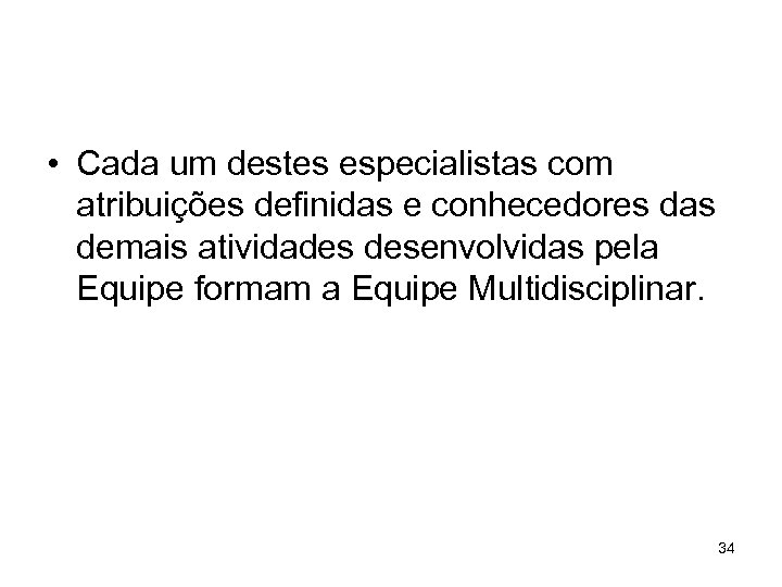  • Cada um destes especialistas com atribuições definidas e conhecedores das demais atividades