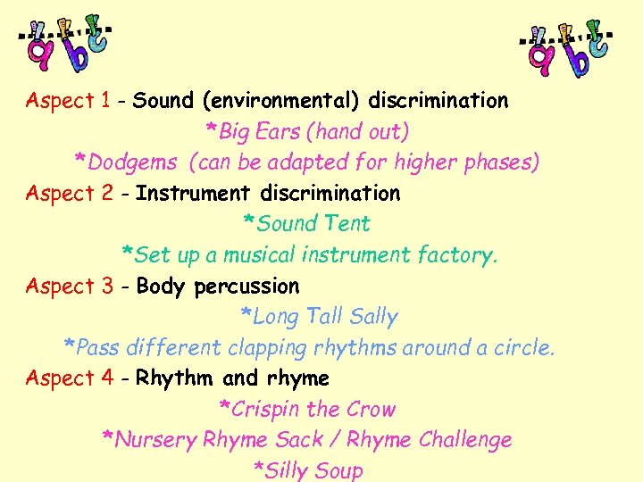 Aspect 1 - Sound (environmental) discrimination *Big Ears (hand out) *Dodgems (can be adapted