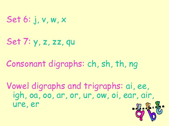 Set 6: j, v, w, x Set 7: y, z, zz, qu Consonant digraphs: