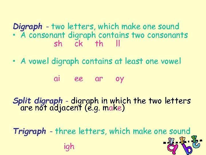 Digraph - two letters, which make one sound • A consonant digraph contains two