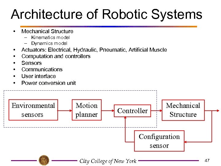 Architecture of Robotic Systems • Mechanical Structure – Kinematics model – Dynamics model •