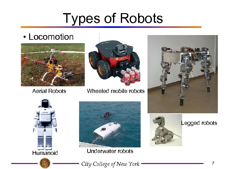 Types of Robots • Locomotion Aerial Robots Wheeled mobile robots Legged robots Humanoid Underwater