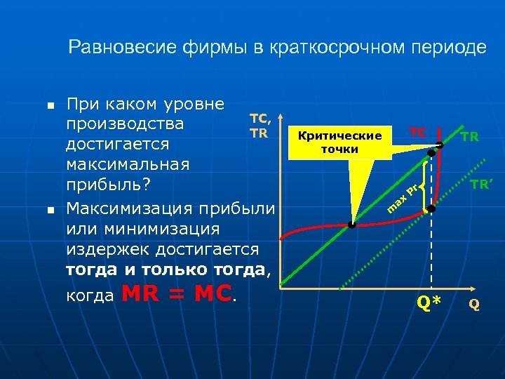 Равновесие фирмы в краткосрочном периоде n n При каком уровне TС, производства TR достигается