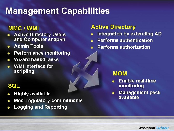 Management Capabilities MMC / WMI Active Directory Users and Computer snap-in Admin Tools Performance