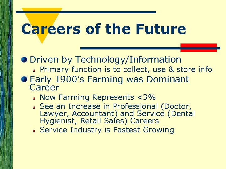 Careers of the Future Driven by Technology/Information Primary function is to collect, use &