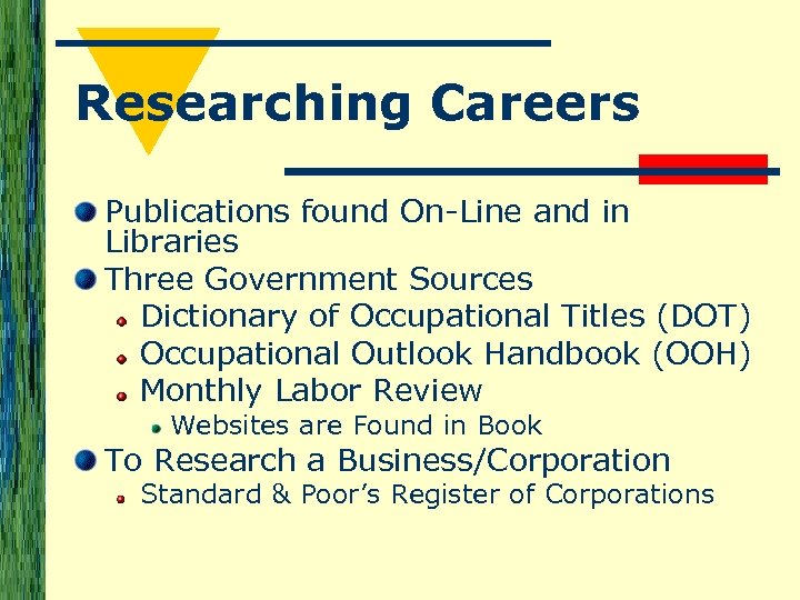 Researching Careers Publications found On-Line and in Libraries Three Government Sources Dictionary of Occupational