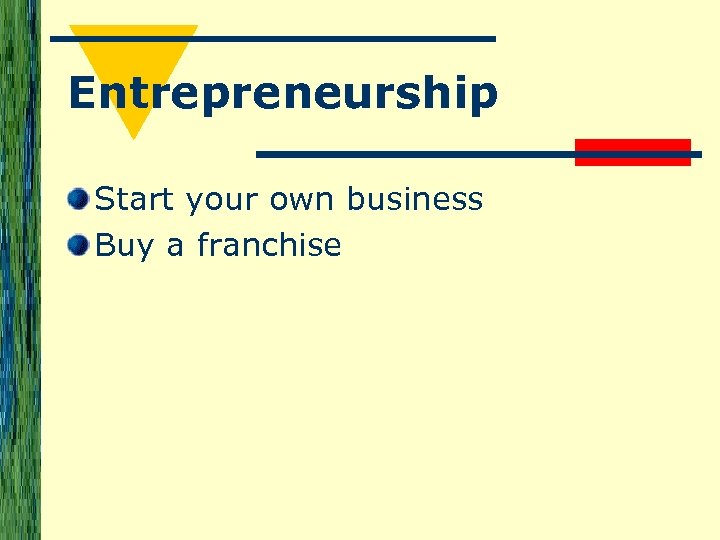Entrepreneurship Start your own business Buy a franchise 