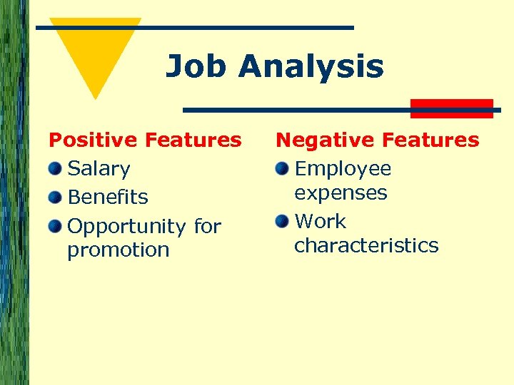 Job Analysis Positive Features Salary Benefits Opportunity for promotion Negative Features Employee expenses Work