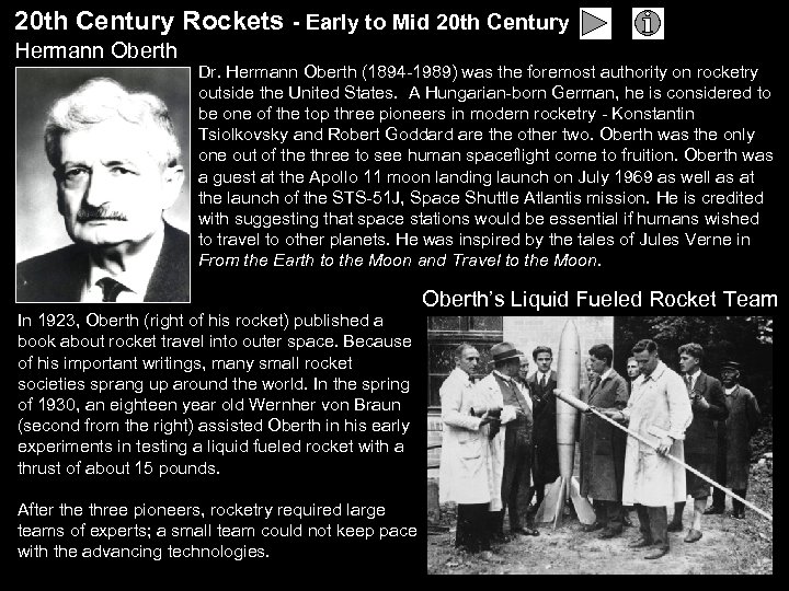 20 th Century Rockets - Early to Mid 20 th Century Hermann Oberth Dr.