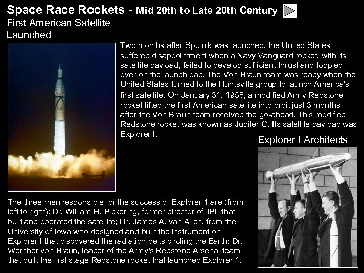 Space Rockets - Mid 20 th to Late 20 th Century First American Satellite