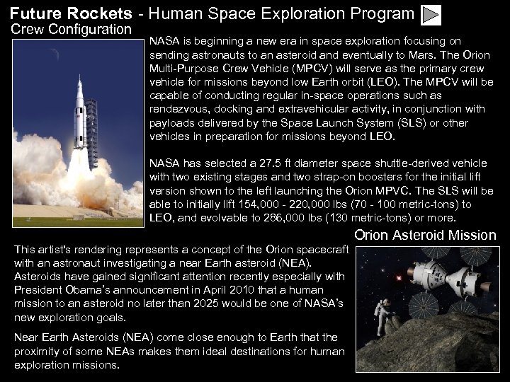 Future Rockets - Human Space Exploration Program Crew Configuration NASA is beginning a new