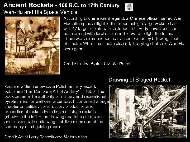 Ancient Rockets - 100 B. C. to 17 th Century Wan-Hu and His Space