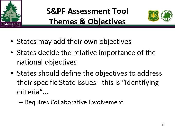 S&PF Assessment Tool Themes & Objectives • States may add their own objectives •