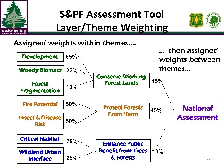 S&PF Assessment Tool Layer/Theme Weighting Assigned weights within themes…. Development 65% Woody Biomass 22%