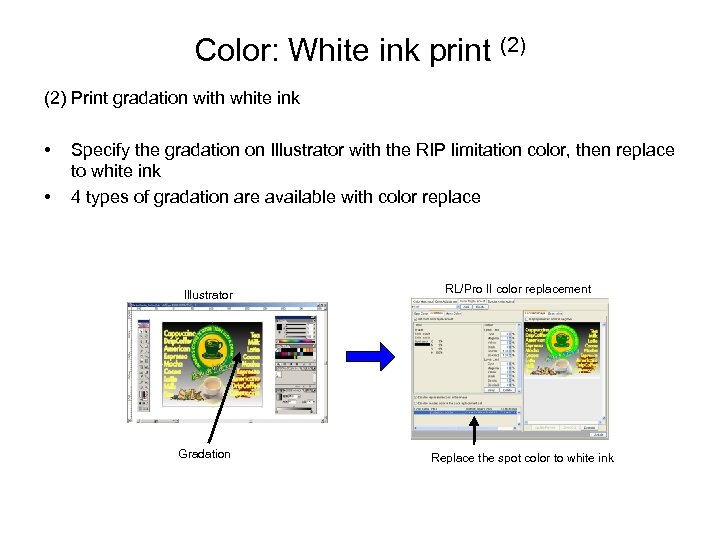 Color: White ink print (2) Print gradation with white ink • • Specify the