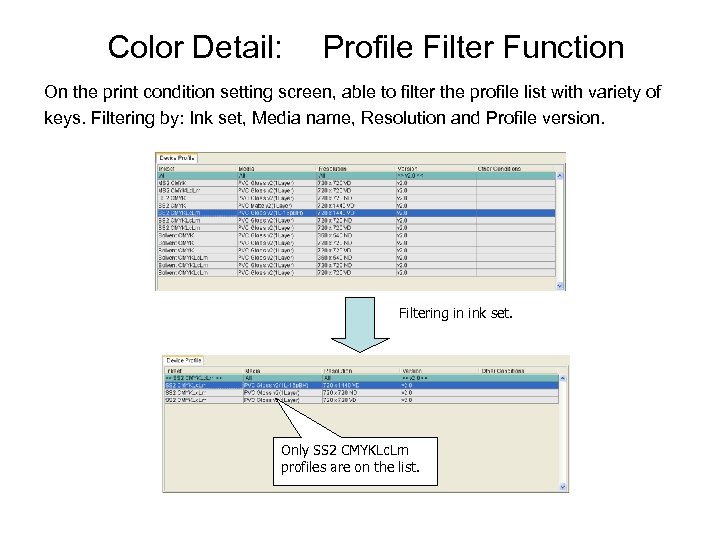 Color Detail: Profile Filter Function On the print condition setting screen, able to filter