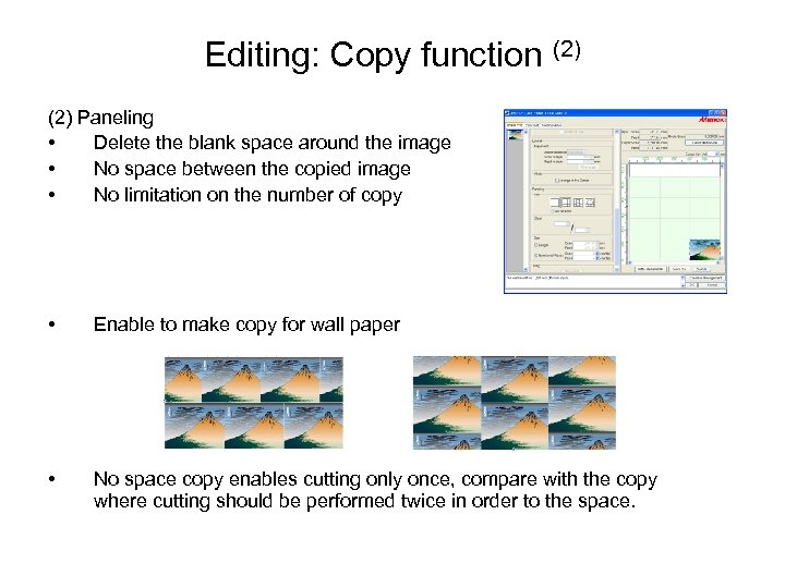 Editing: Copy function (2) Paneling • Delete the blank space around the image •