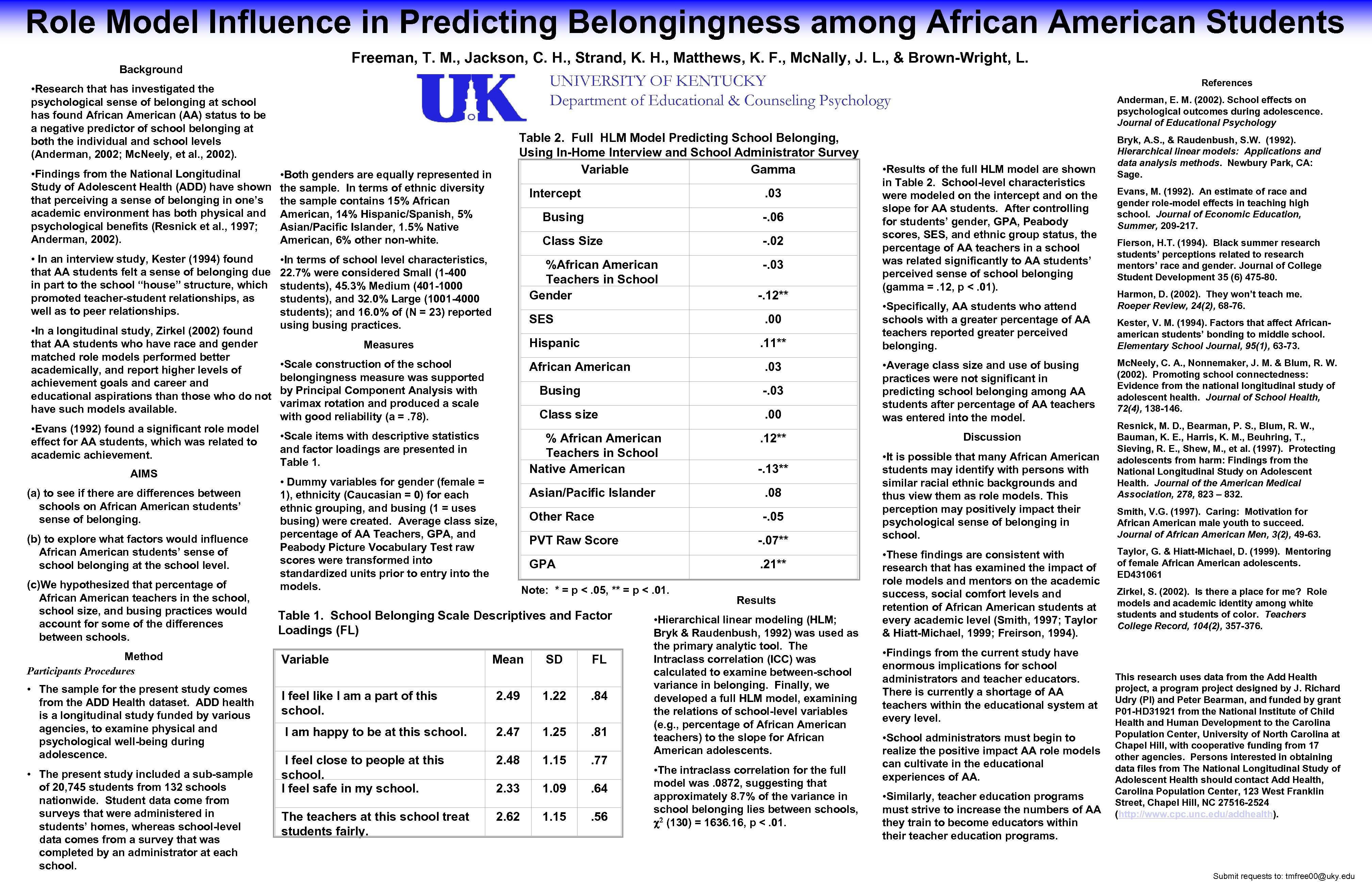 Role Model Influence in Predicting Belongingness among African American Students Freeman, T. M. ,