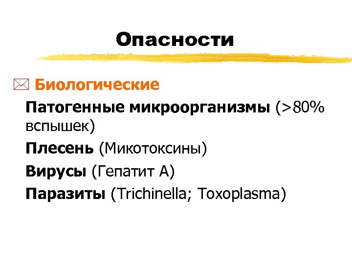 Опасности * Биологические Патогенные микроорганизмы (>80% вспышек) Плесень (Микотоксины) Вирусы (Гепатит A) Паразиты (Trichinella;