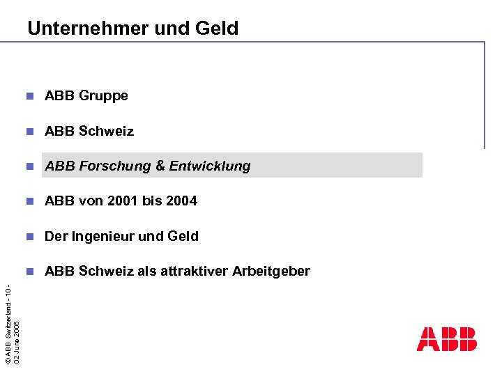 Unternehmer und Geld ABB Gruppe n ABB Schweiz n ABB Forschung & Entwicklung n