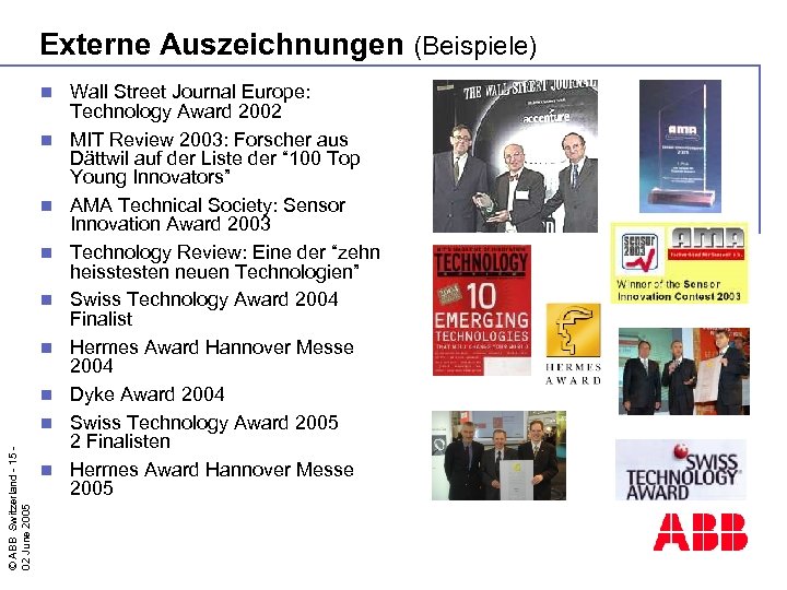Externe Auszeichnungen (Beispiele) n n n n © ABB Switzerland - 15 02 June