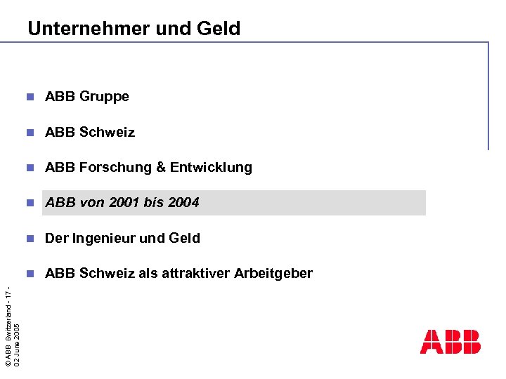Unternehmer und Geld ABB Gruppe n ABB Schweiz n ABB Forschung & Entwicklung n