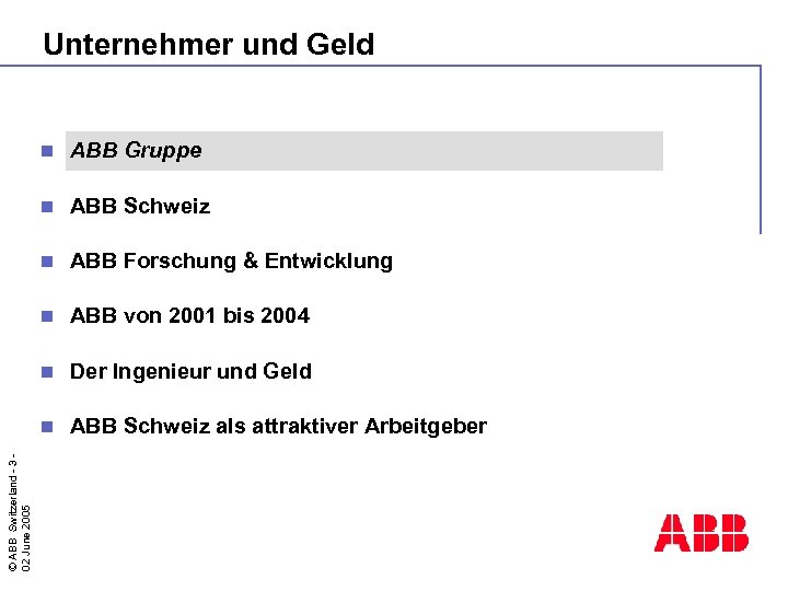 Unternehmer und Geld ABB Gruppe n ABB Schweiz n ABB Forschung & Entwicklung n