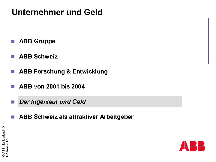 Unternehmer und Geld ABB Gruppe n ABB Schweiz n ABB Forschung & Entwicklung n
