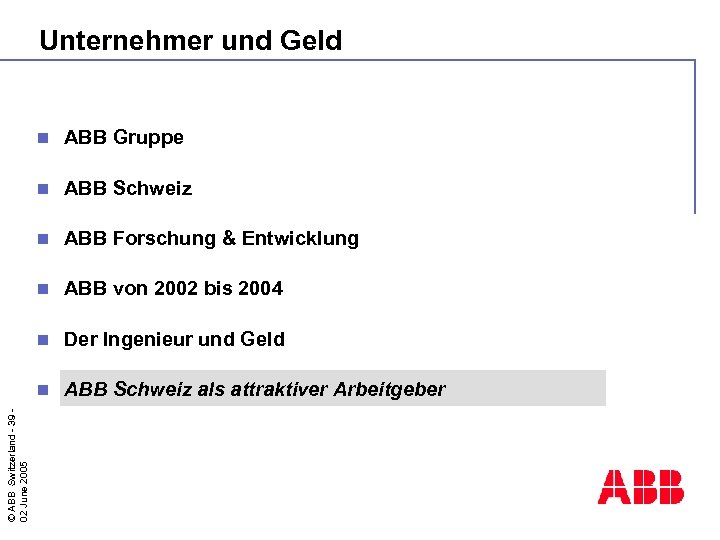 Unternehmer und Geld ABB Gruppe n ABB Schweiz n ABB Forschung & Entwicklung n