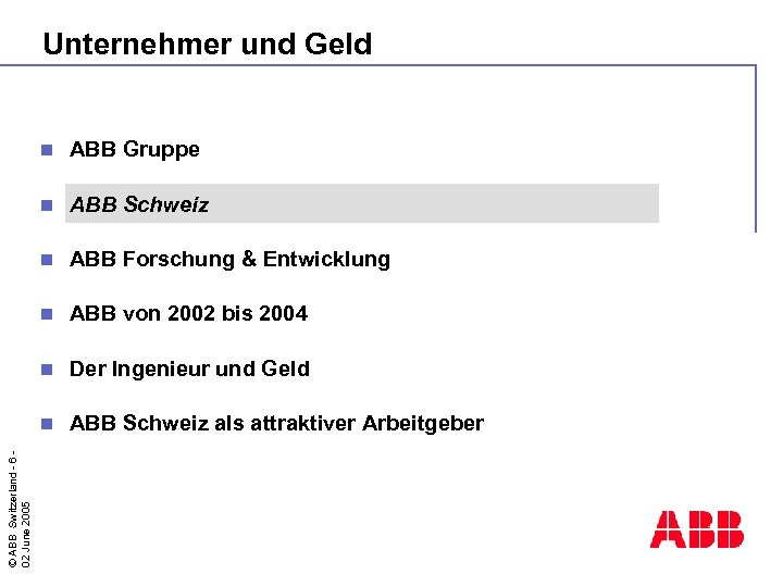 Unternehmer und Geld ABB Gruppe n ABB Schweiz n ABB Forschung & Entwicklung n