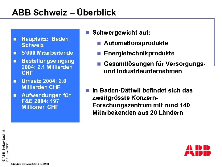 ABB Schweiz – Überblick n n n © ABB Switzerland - 8 02 June