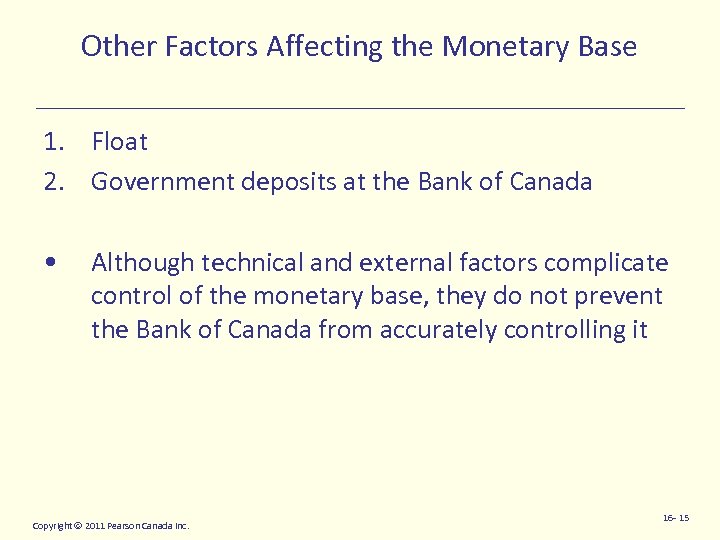 Other Factors Affecting the Monetary Base 1. Float 2. Government deposits at the Bank