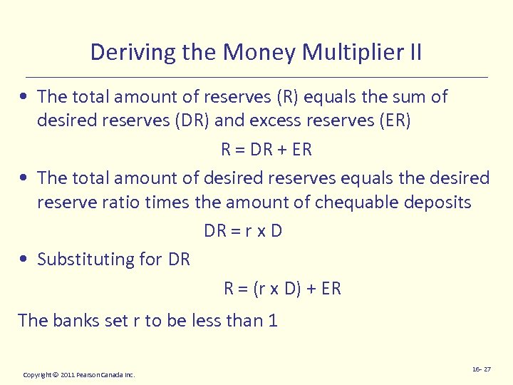 Deriving the Money Multiplier II • The total amount of reserves (R) equals the