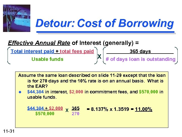 Detour: Cost of Borrowing Effective Annual Rate of Interest (generally) = Total interest paid