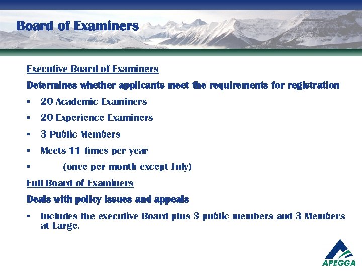 Board of Examiners Executive Board of Examiners Determines whether applicants meet the requirements for