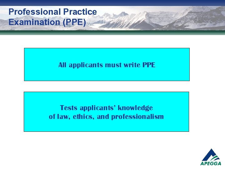 Professional Practice Examination (PPE) All applicants must write PPE Tests applicants’ knowledge of law,