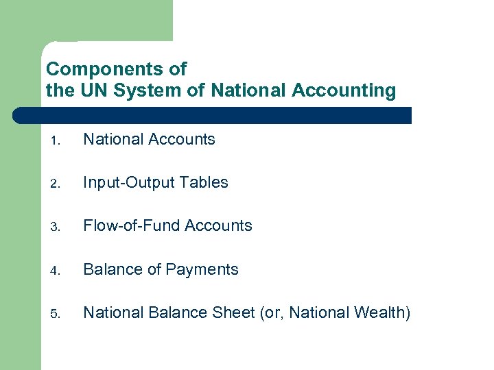 Components of the UN System of National Accounting 1. National Accounts 2. Input-Output Tables