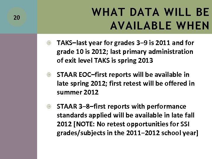 WHAT DATA WILL BE AVAILABLE WHEN 20 TAKS–last year for grades 3− 9 is