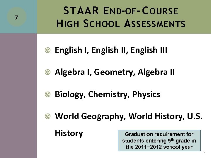 STAAR E ND-OF- C OURSE H IGH S CHOOL A SSESSMENTS 7 English I,