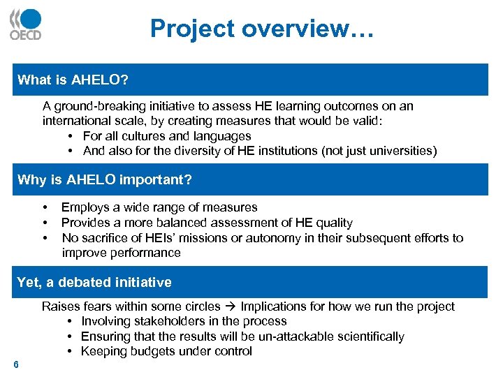 Project overview… What is AHELO? A ground-breaking initiative to assess HE learning outcomes on