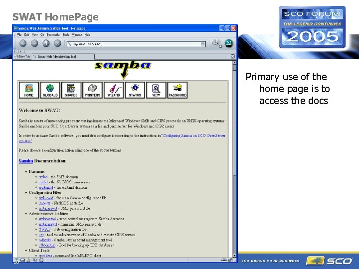 SWAT Home. Page Primary use of the home page is to access the docs