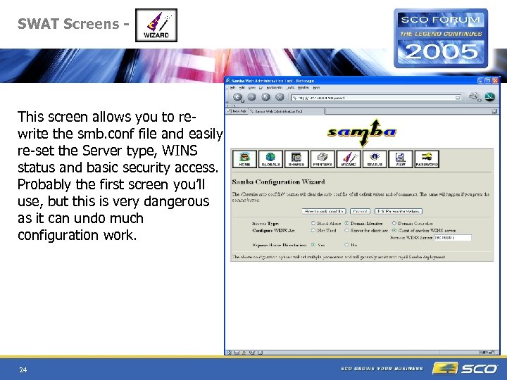 SWAT Screens - This screen allows you to rewrite the smb. conf file and
