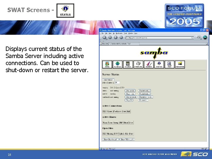 SWAT Screens - Displays current status of the Samba Server including active connections. Can