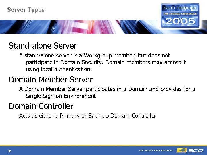Server Types Stand-alone Server A stand-alone server is a Workgroup member, but does not