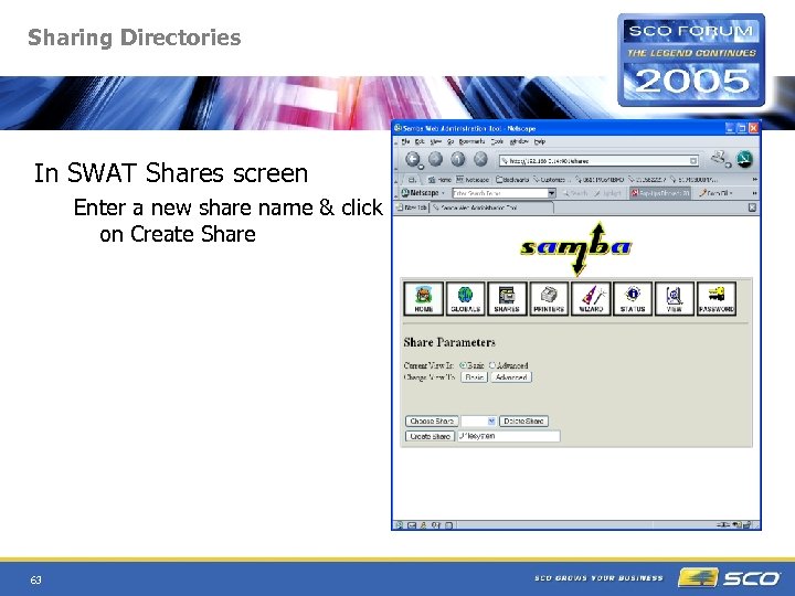 Sharing Directories In SWAT Shares screen Enter a new share name & click on