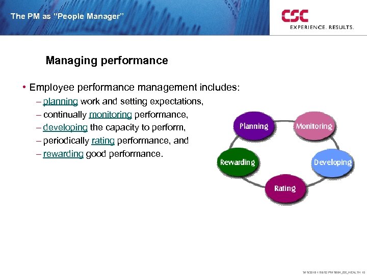 The PM as “People Manager” Managing performance • Employee performance management includes: – planning