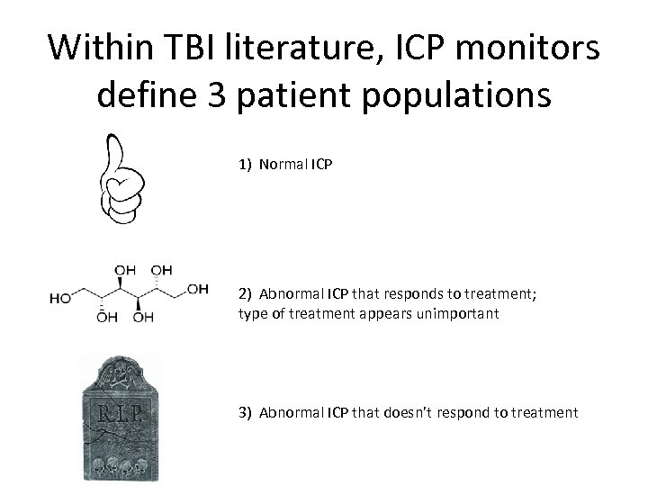 Within TBI literature, ICP monitors define 3 patient populations 1) Normal ICP 2) Abnormal