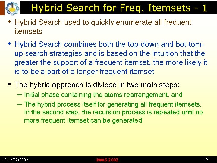 Hybrid Search for Freq. Itemsets - 1 • Hybrid Search used to quickly enumerate