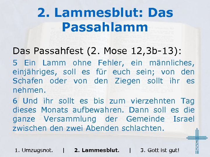 2. Lammesblut: Das Passahlamm Das Passahfest (2. Mose 12, 3 b-13): 5 Ein Lamm