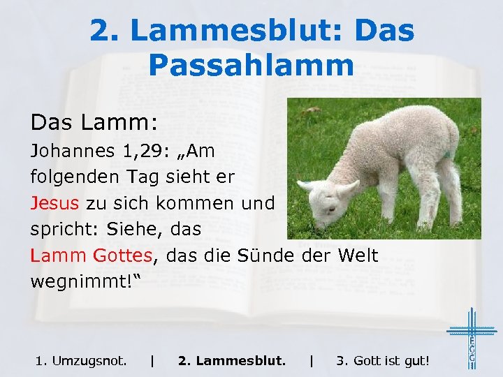 2. Lammesblut: Das Passahlamm Das Lamm: Johannes 1, 29: „Am folgenden Tag sieht er